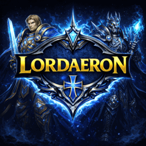 Epic fantasy game characters with glowing weapons and armor.