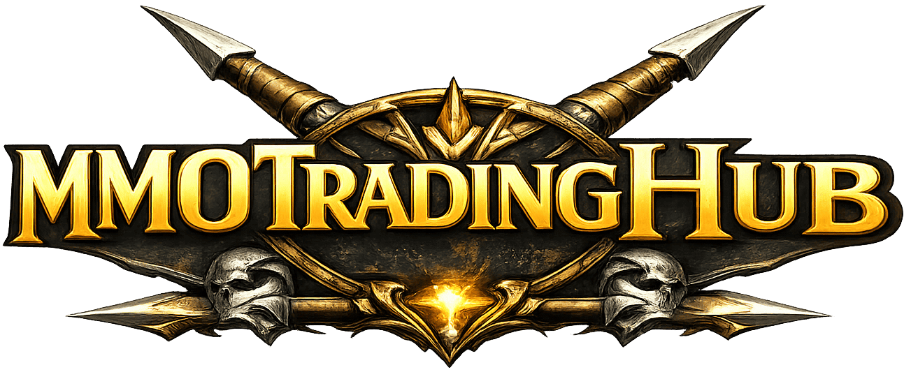 Bold logo with swords and skulls, representing MMORPG trading and gaming hub.