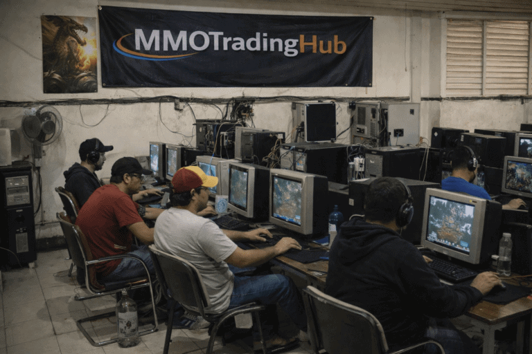 High-performance gaming PCs with multiple players competing at MMOTradingHUB.
