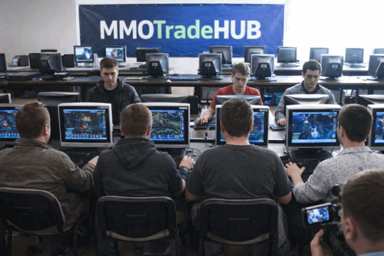 Players competing in MMO Trading Hub gaming room with multiple screens and computers.