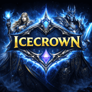 Epic Warcraft game logo with icy characters and fantasy armor.