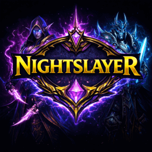 Epic Night Slayer MMO characters with lightning and dark fantasy art, ideal for MMO gaming fans and gear sales.