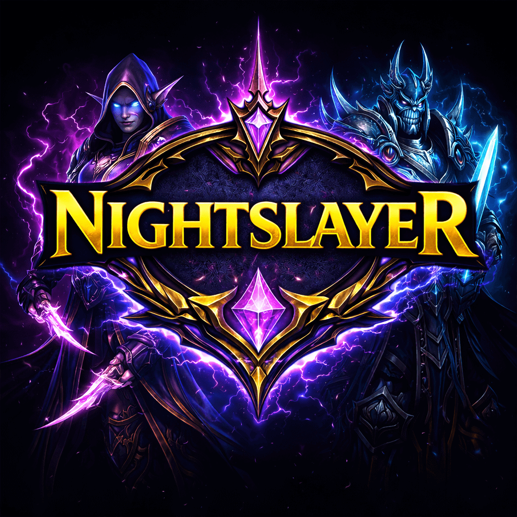 Epic Night Slayer MMO characters with lightning and dark fantasy art, ideal for MMO gaming fans and gear sales.