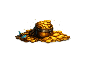 Gleaming gold coins spilling out of a treasure chest, fantasy game style, digital art.