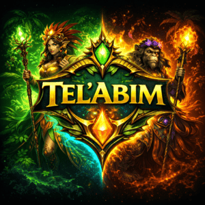 Epic fantasy MMORPG artwork featuring characters from Tel'Abim with vibrant green and fiery orange themes.