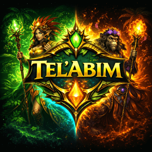 Epic fantasy MMORPG artwork featuring characters from Tel'Abim with vibrant green and fiery orange themes.