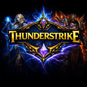Lightning-themed logo for Thunderstrike MMO, showcasing legendary characters and combat action.