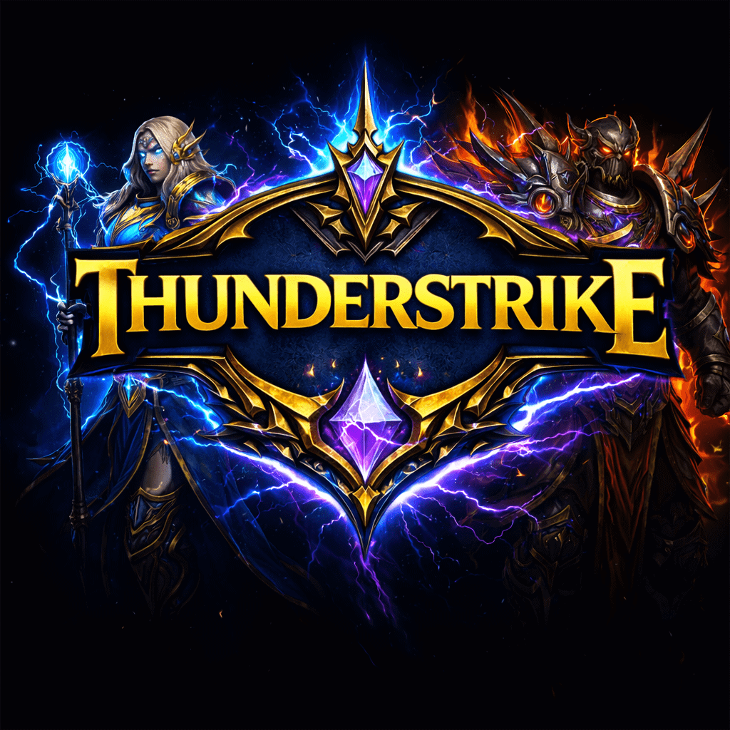 Lightning-themed logo for Thunderstrike MMO, showcasing legendary characters and combat action.