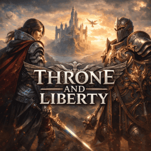 Epic fantasy MMO Throne and Liberty game with armored heroes and castle backdrop.