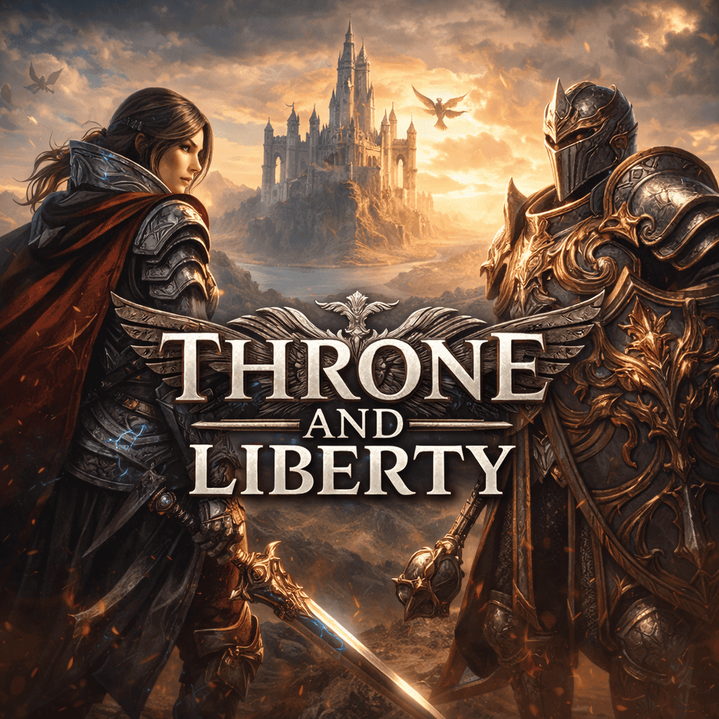 Epic fantasy MMO Throne and Liberty game with armored heroes and castle backdrop.